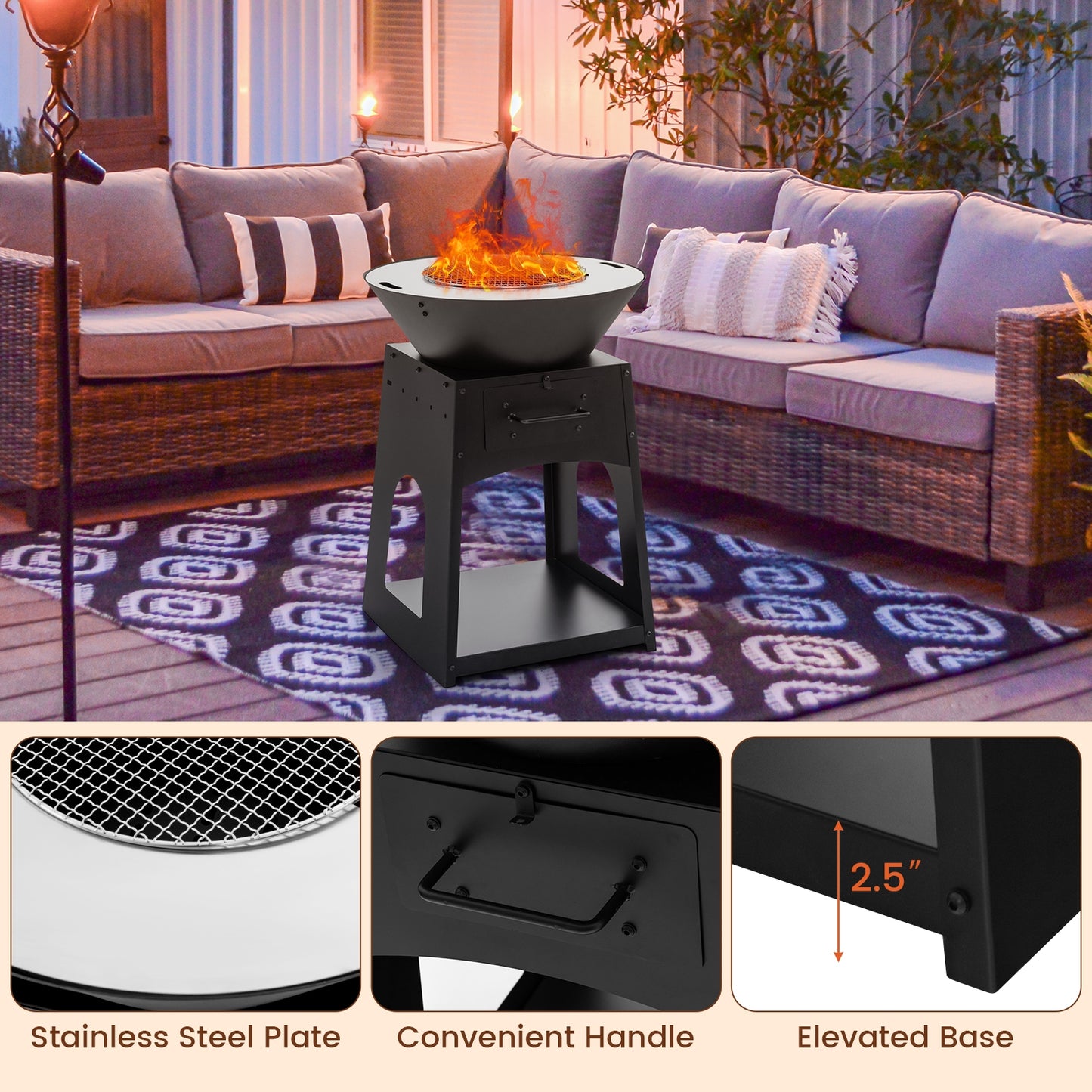 Patio Fire Pit With Firewood Log Rack, Grill, Ash Box, Black Fire Pits at Gallery Canada