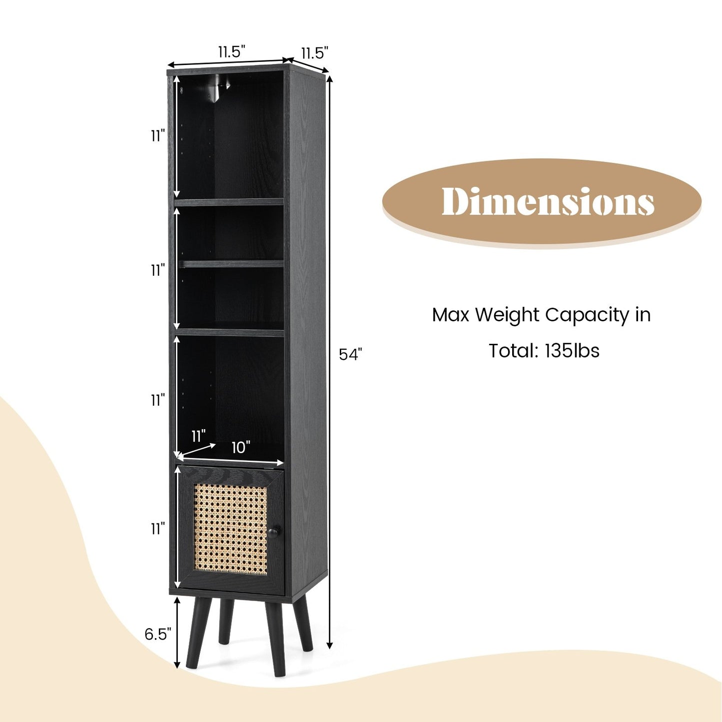 4 Tiers Rattan Storage Cabinet with Slim Design, Black