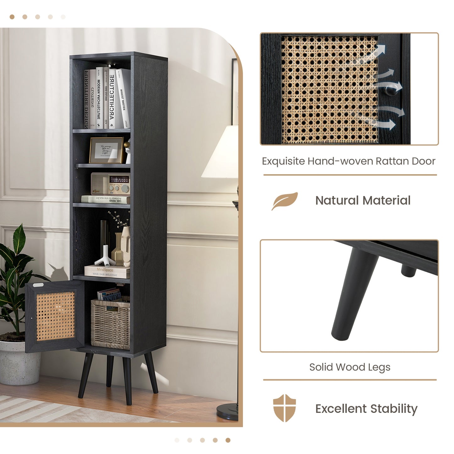 4 Tiers Rattan Storage Cabinet with Slim Design, Black Cabinets & Chests at Gallery Canada