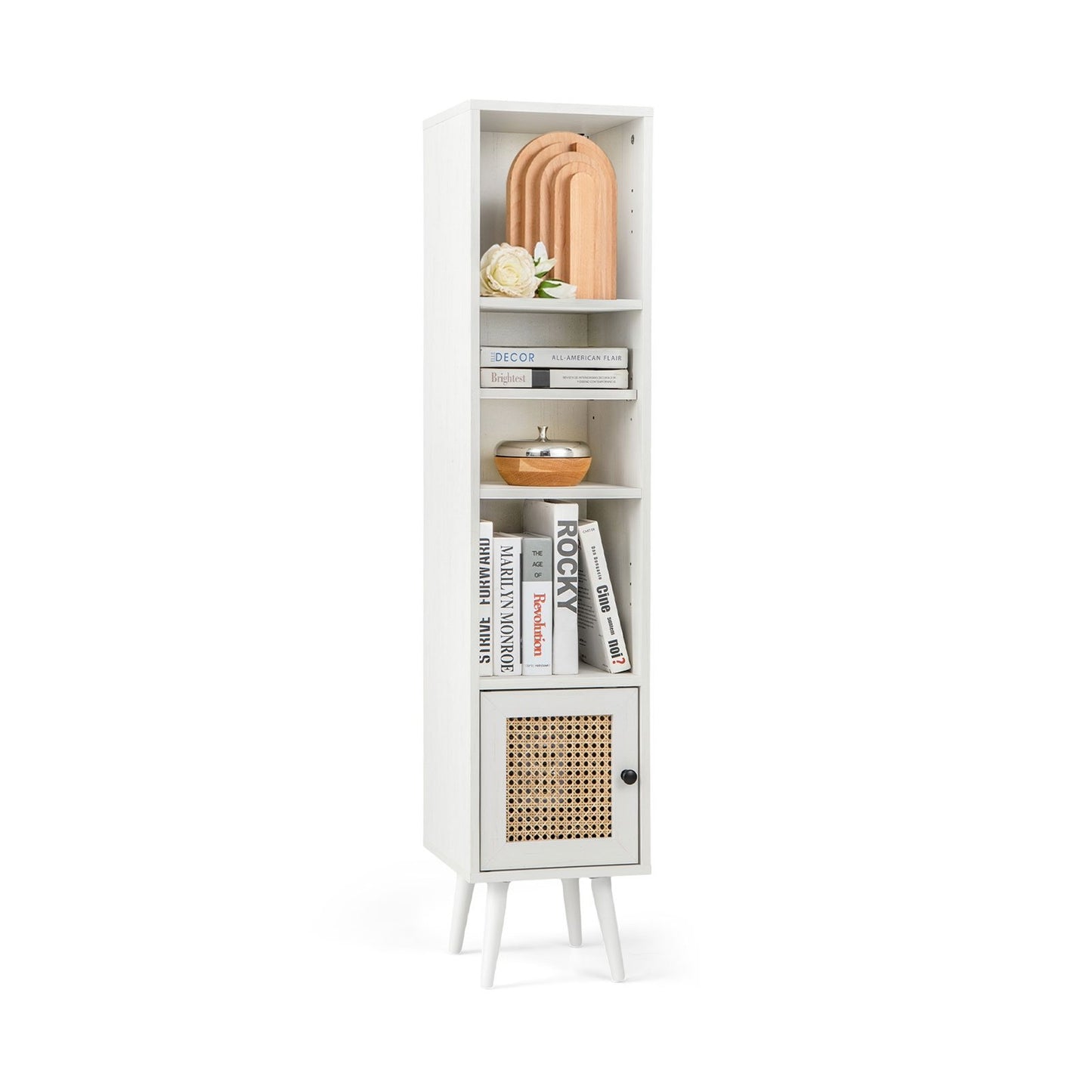 4 Tiers Rattan Storage Cabinet with Slim Design, White