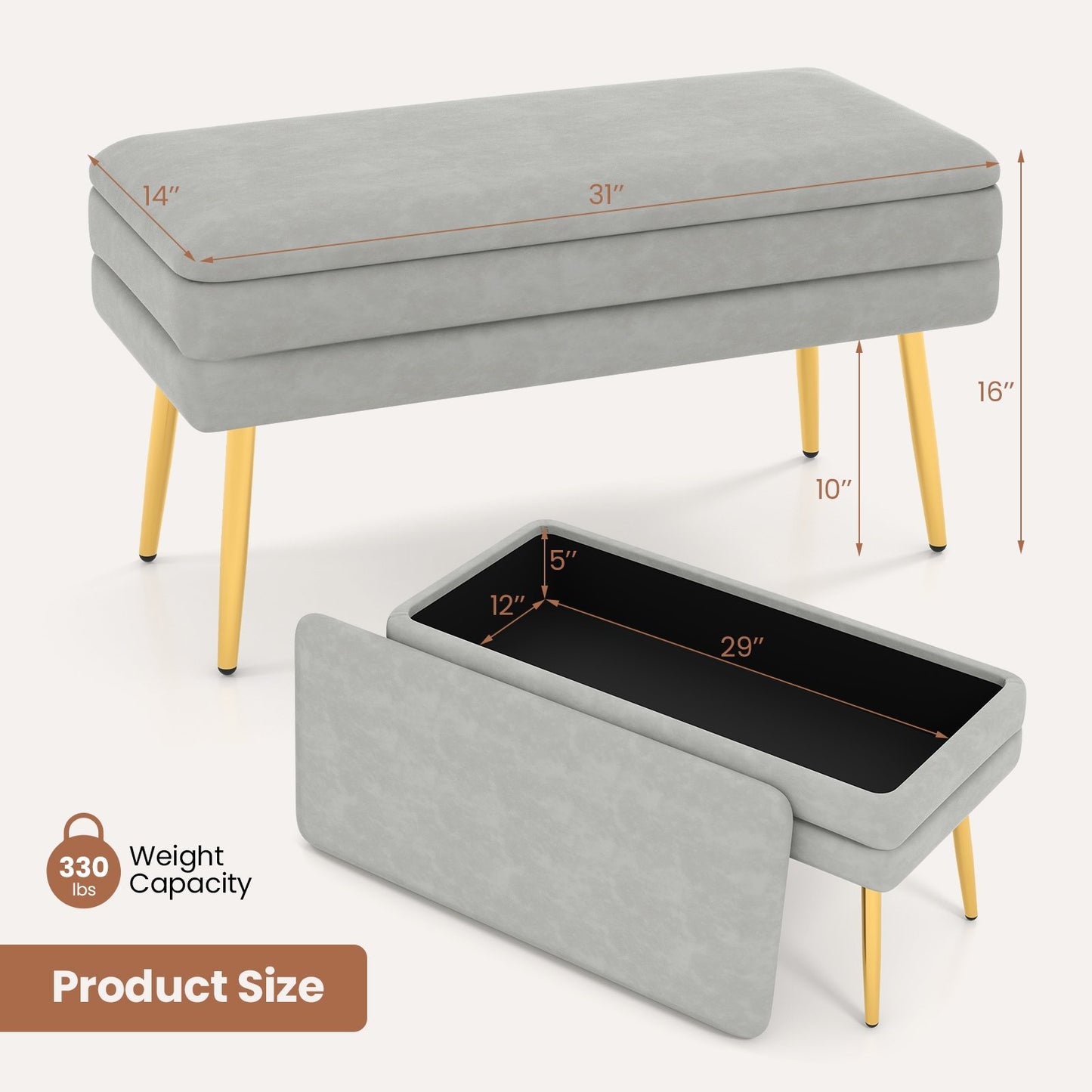 Velvet Upholstered Storage Bench with Removable Top-Grey, Gray