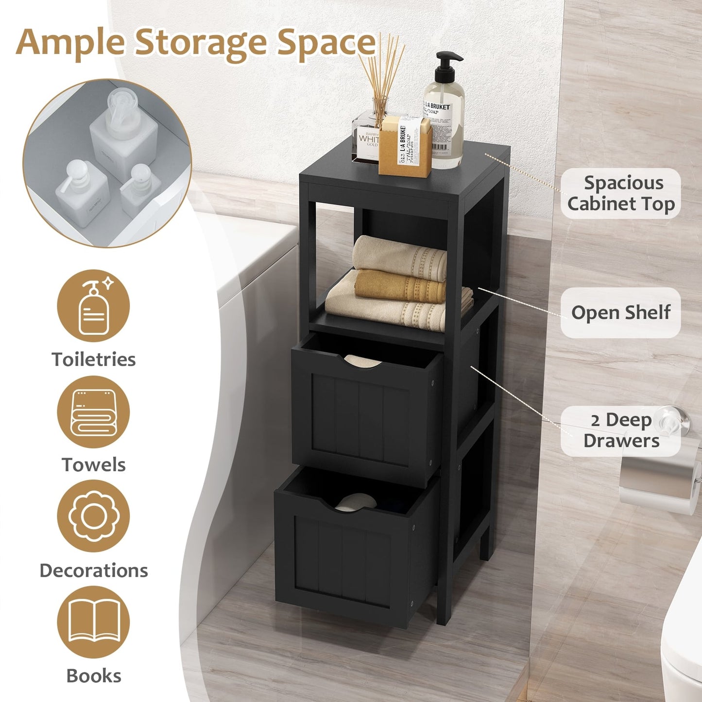 Freestanding Storage Cabinet, 2 Removable Drawers, Black Floor Cabinets at Gallery Canada