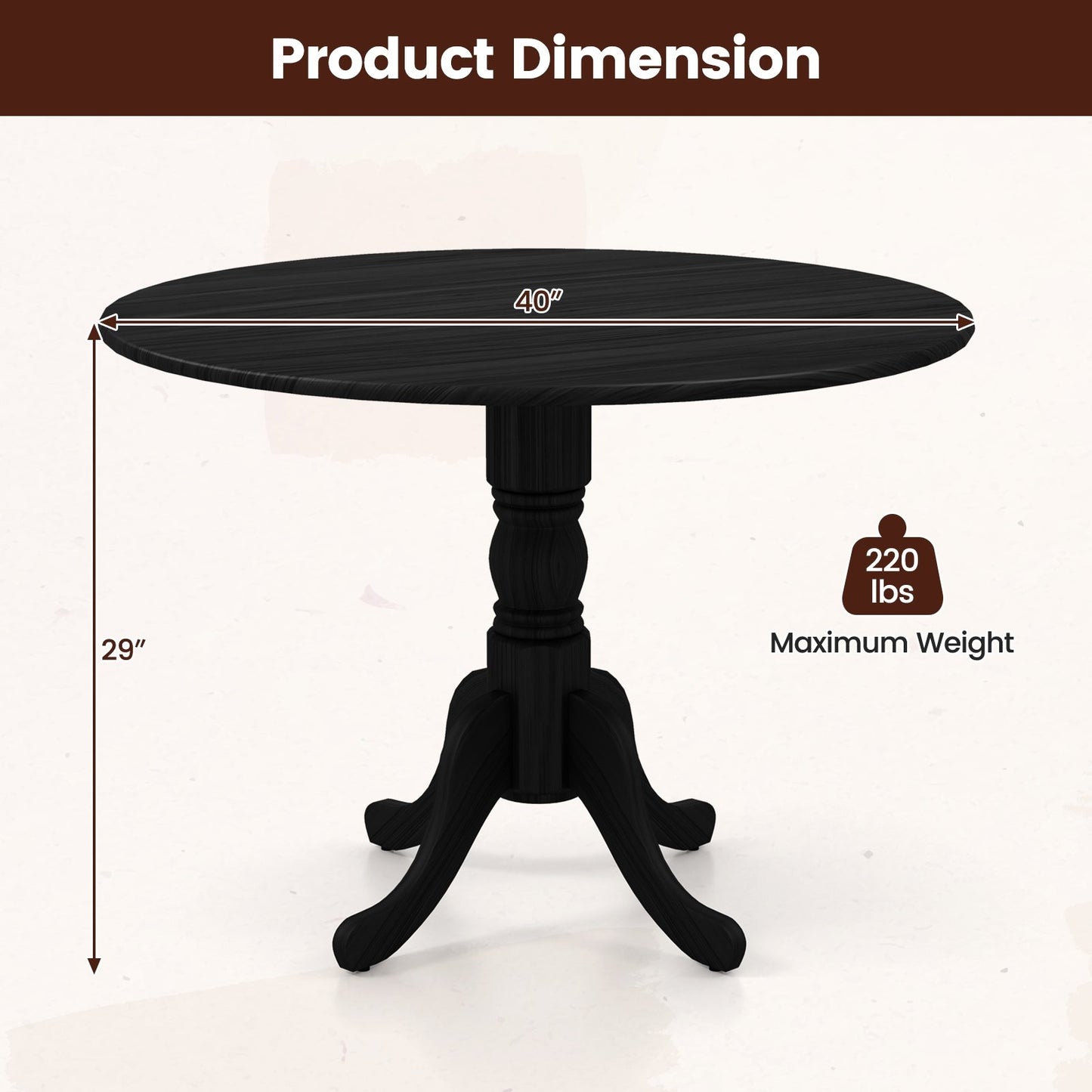 Wooden Dining Table with Round Tabletop and Curved Trestle Legs, Black