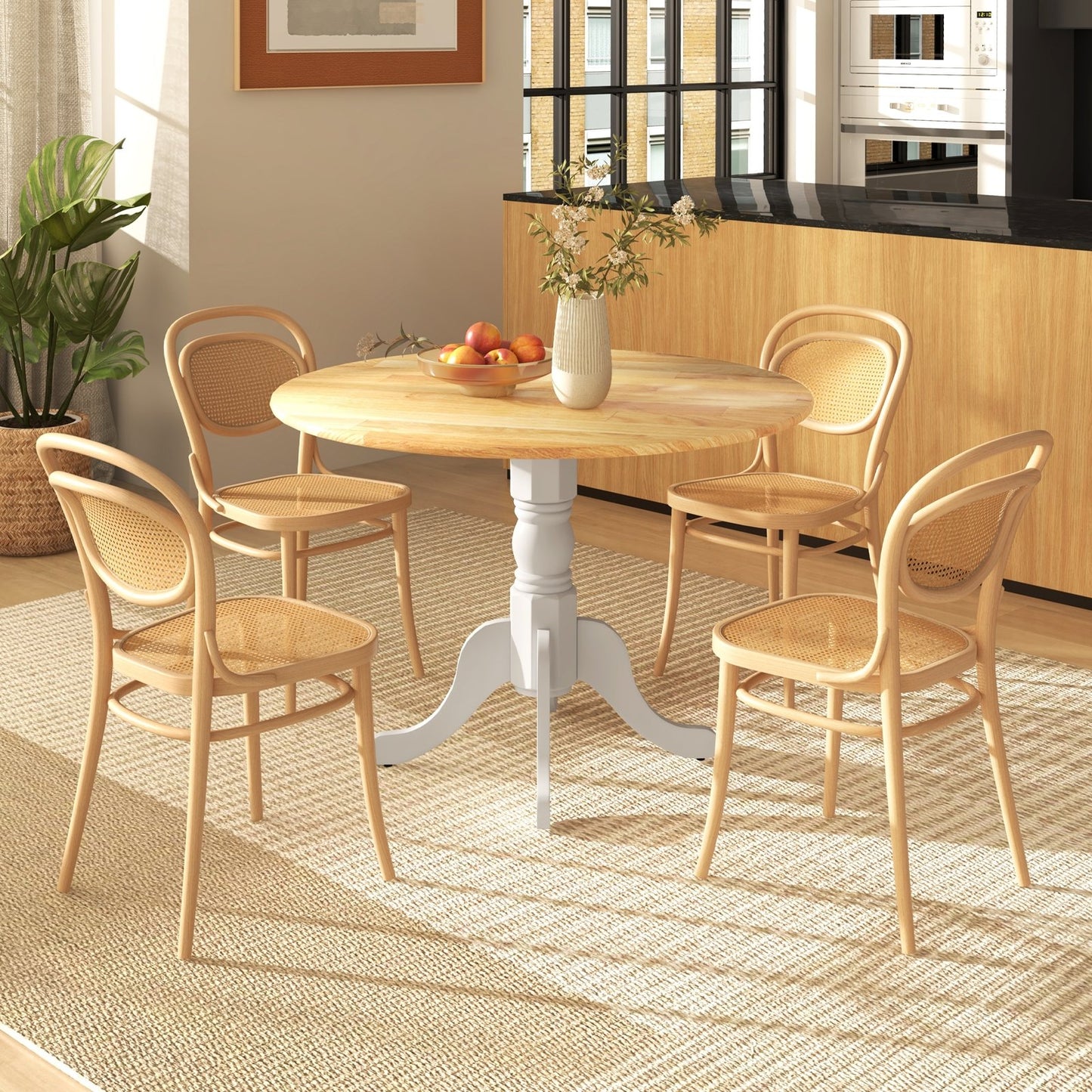 Wooden Dining Table with Round Tabletop and Curved Trestle Legs, Natural & White