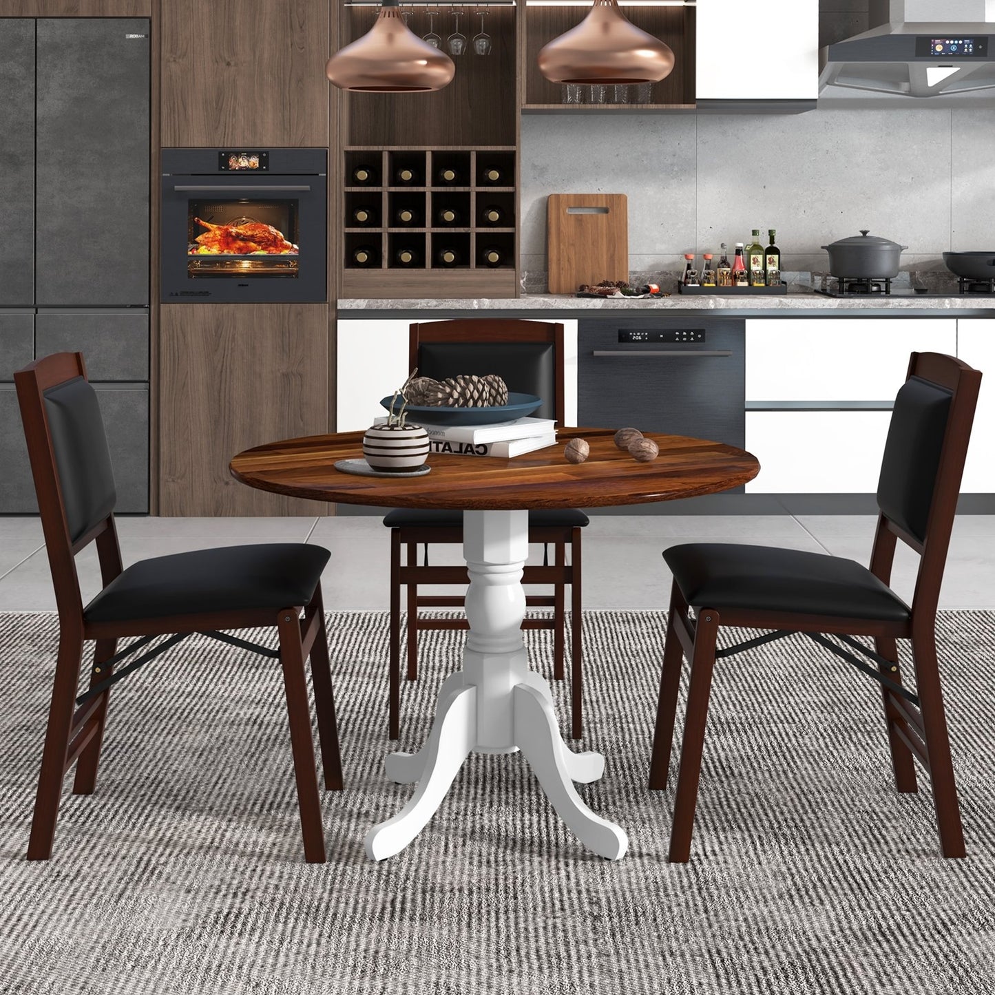 Wooden Dining Table with Round Tabletop and Curved Trestle Legs, Walnut & White