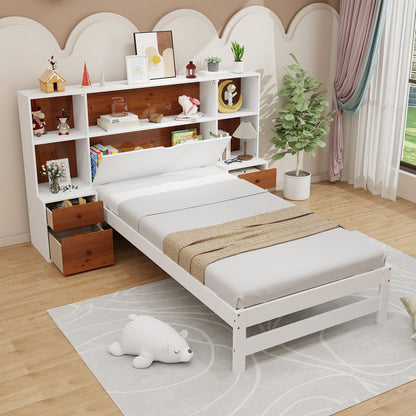 Bed Frame with Storage Headboard and Nightstands-Twin Size, White