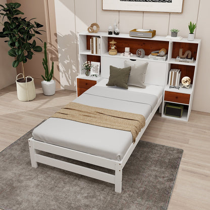Bed Frame with Storage Headboard and Nightstands-Twin Size, White