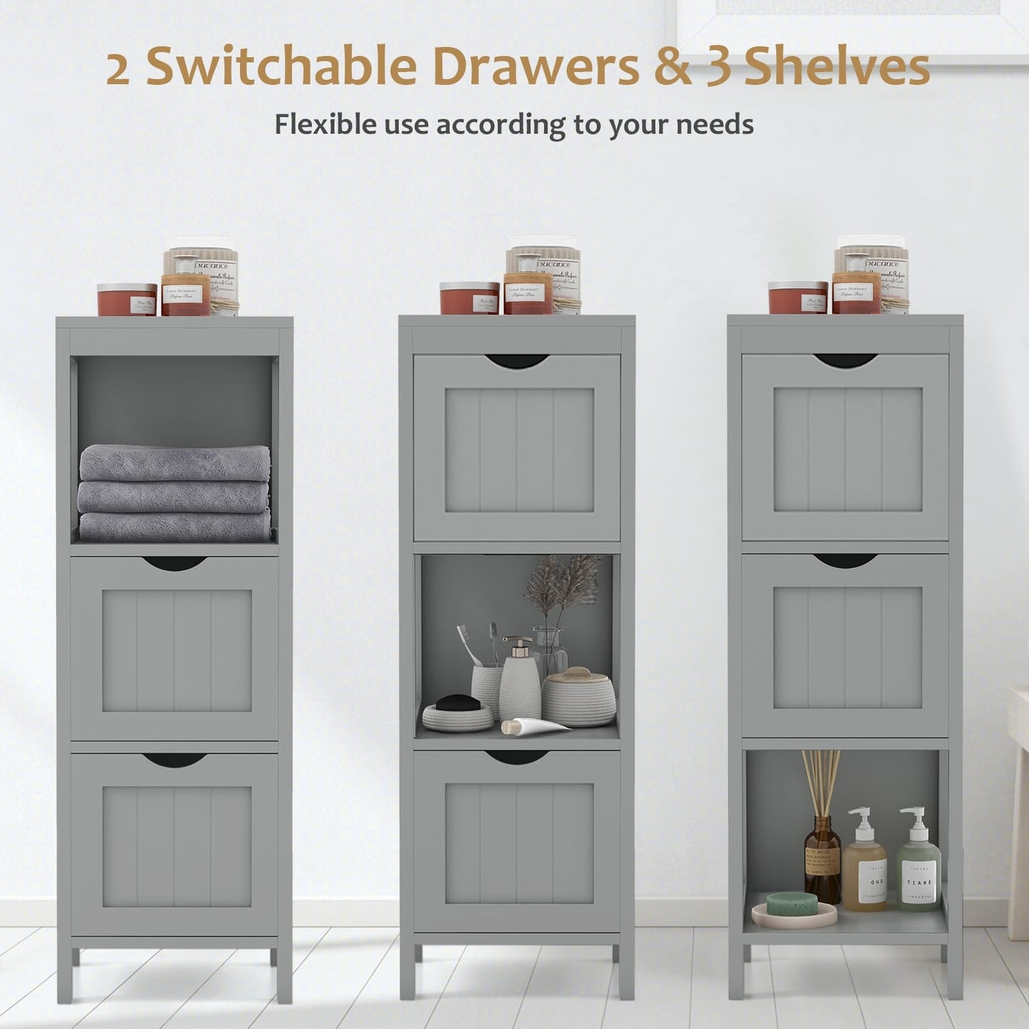 Freestanding Storage Cabinet, 2 Removable Drawers, Gray Floor Cabinets at Gallery Canada