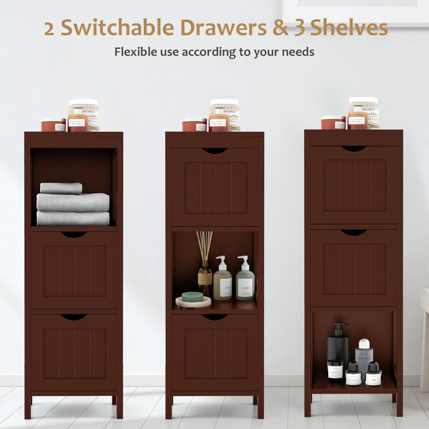 Freestanding Storage Cabinet with 2 Removable Drawers for Bathroom, Brown