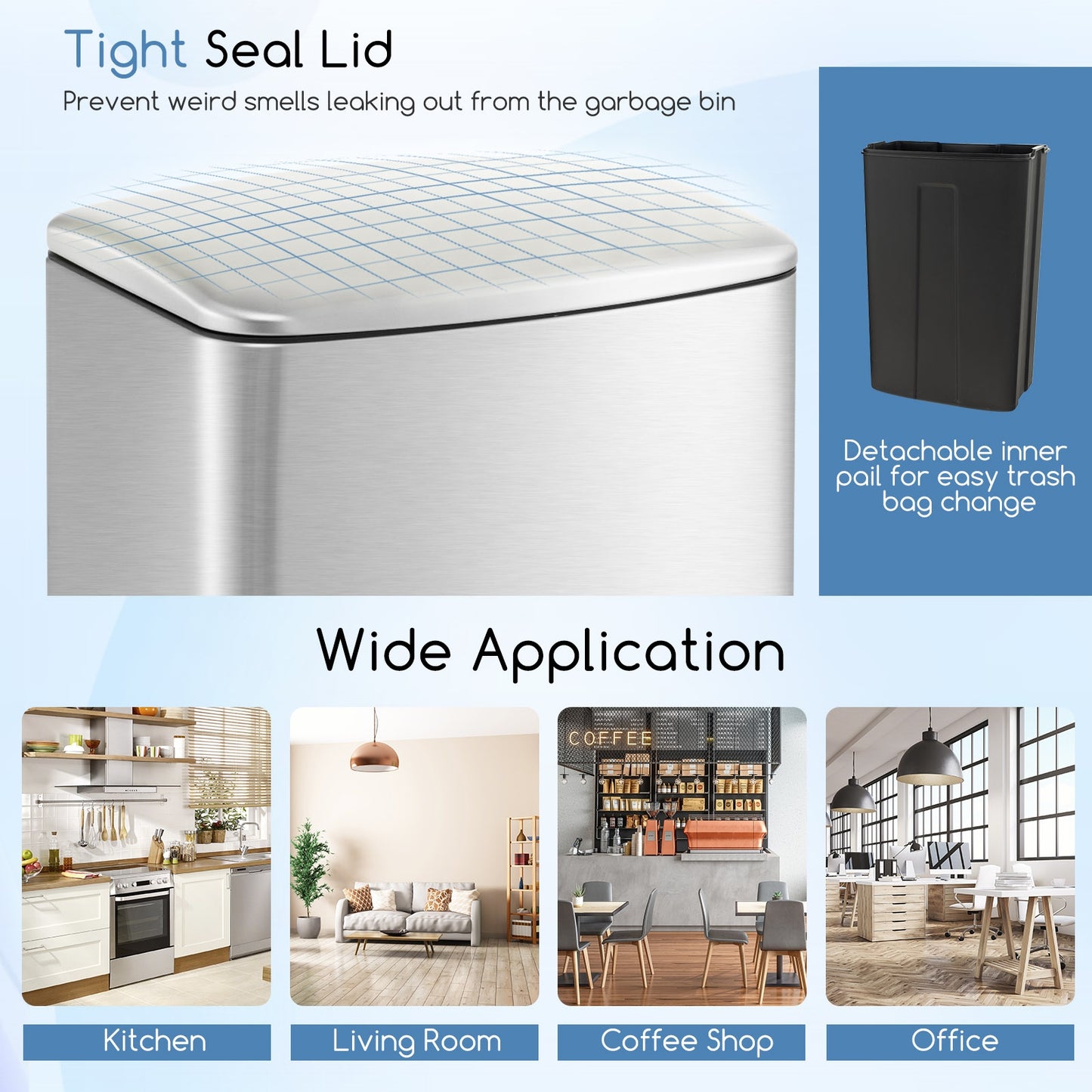 13.2 Gal Stainless Steel Trash Can with Lock Device-Sliver, Silver Kitchen Organization at Gallery Canada