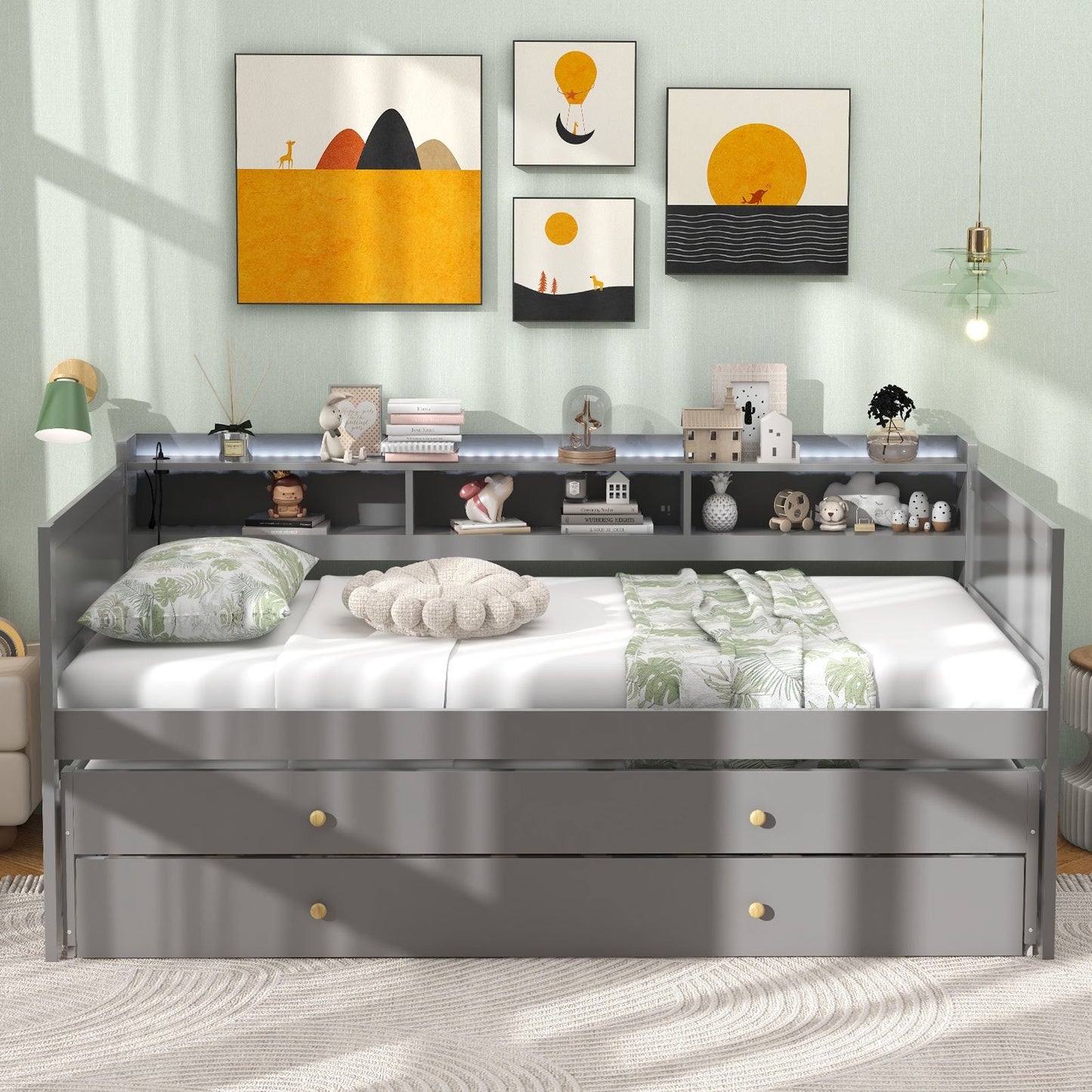 Twin XL Captain Bed with 2 Twin Trundle Beds and 3 Storage Cubbies, Gray