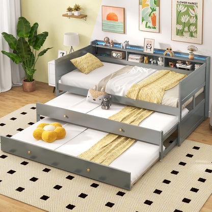 Twin XL Captain Bed with 2 Twin Trundle Beds and 3 Storage Cubbies, Gray