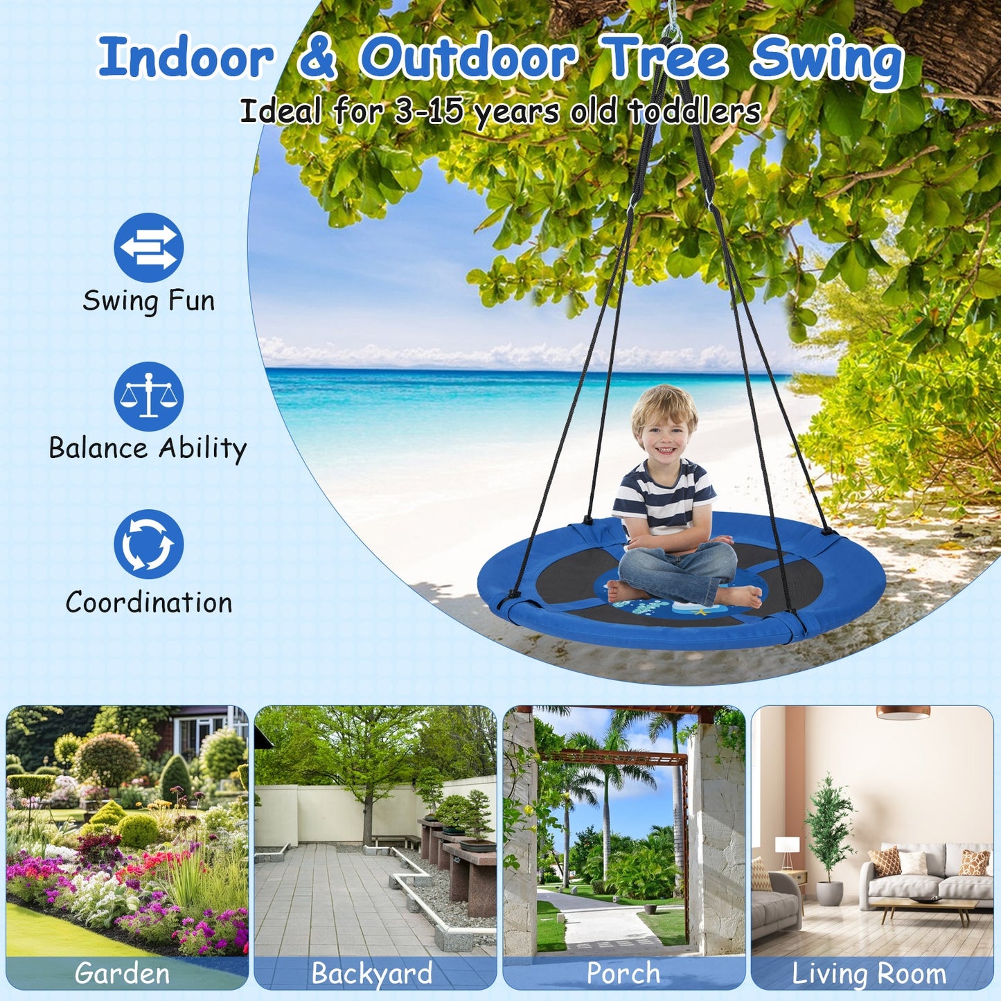 40 Inches Saucer Tree Swing, Adjustable Hanging Ropes, 900D Oxford Fabric, Whale Swing & Playsets at Gallery Canada