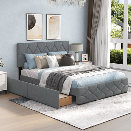 Queen Upholstered Platform Bed with Trundle and 2 Drawers No Box Spring Needed Noise Free, Gray