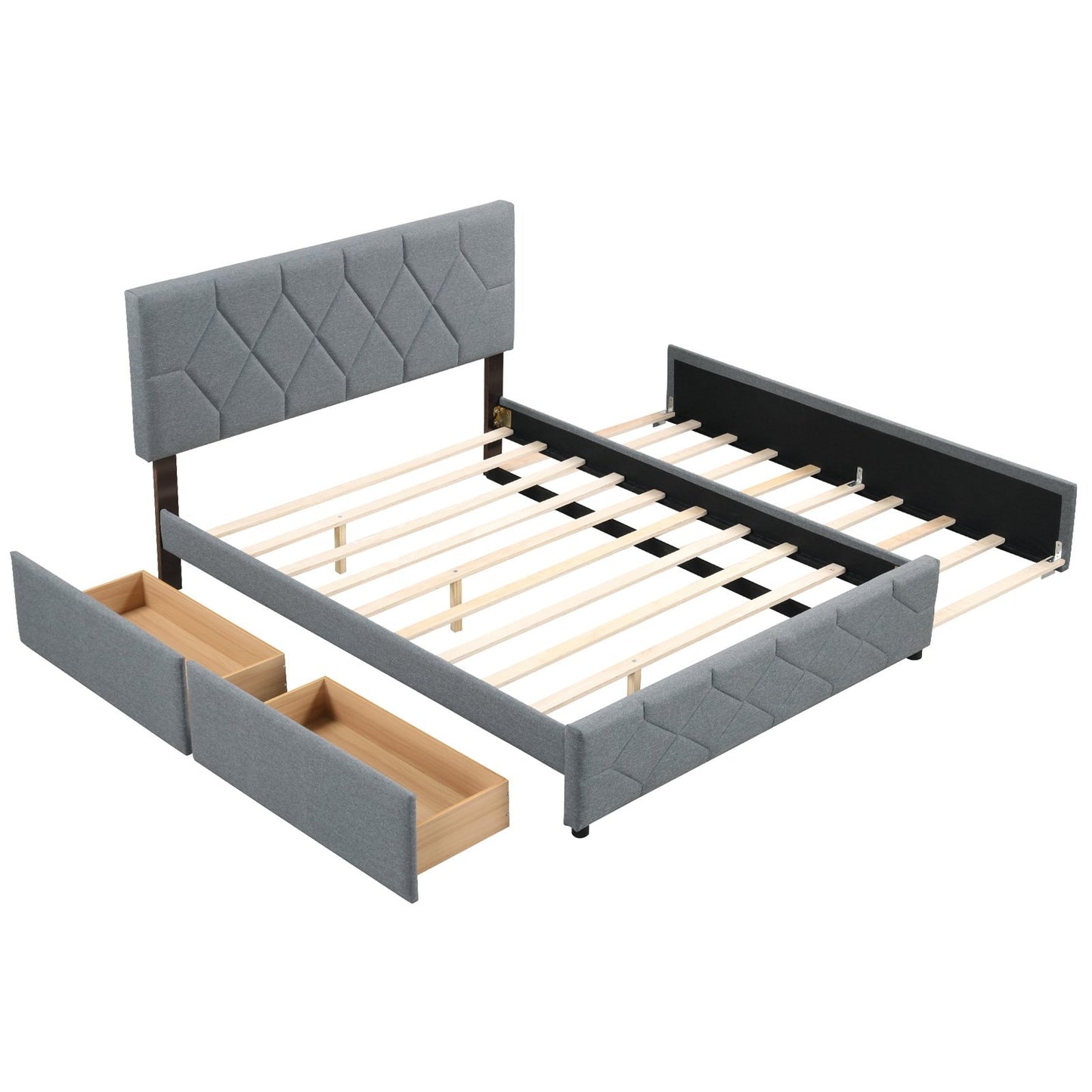 Queen Upholstered Platform Bed with Trundle and 2 Drawers No Box Spring Needed Noise Free, Gray