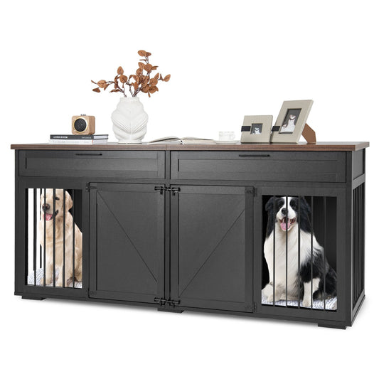Double Dog Crate Furniture Large Breed Wood Dog Kennel with Room Divider, Black