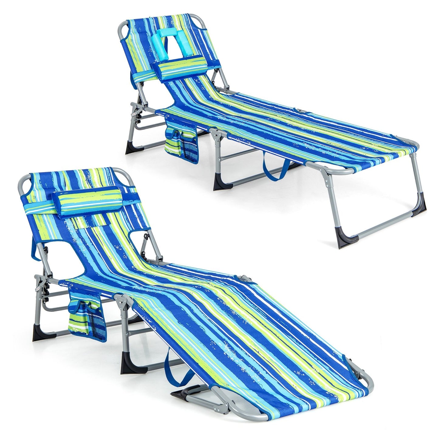 Folding Beach Lounge Chair with Pillow for Outdoor, Blue & Green