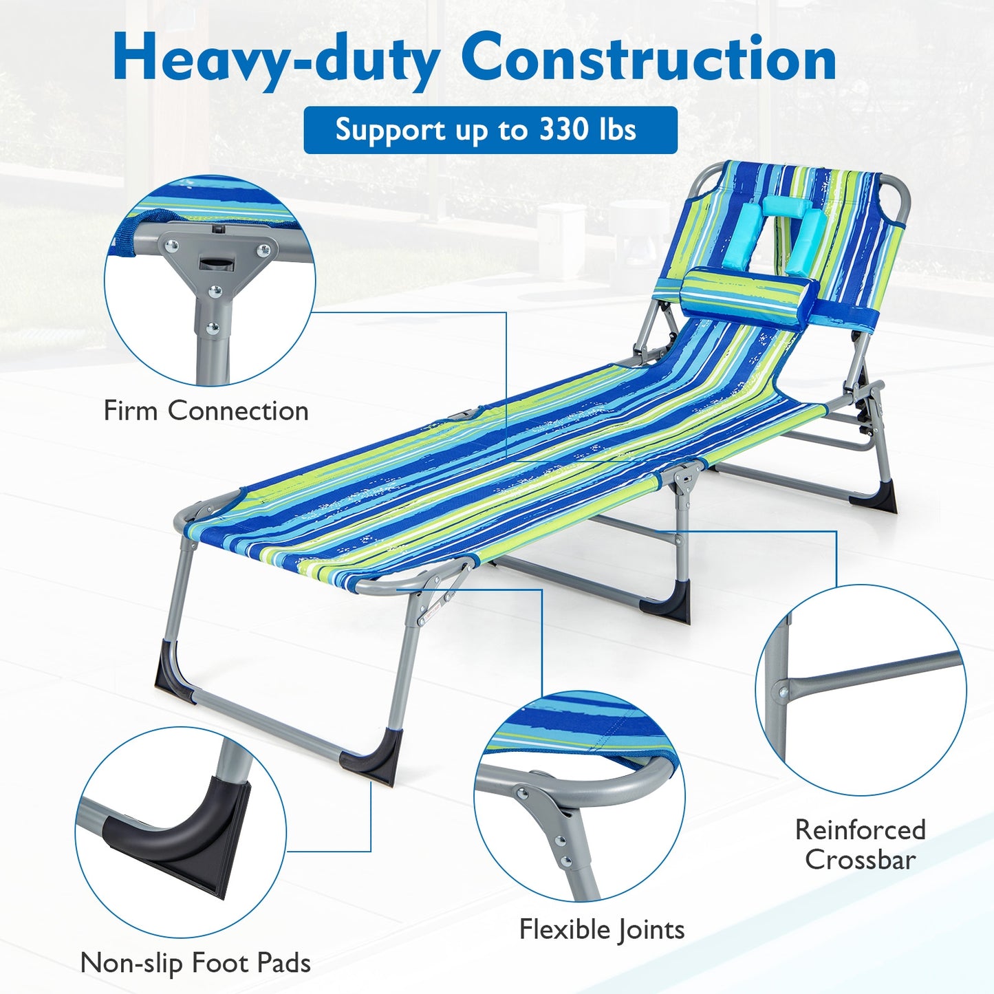 Folding Beach Lounge Chair With Pillow, Green, Blue Outdoor Chaise Lounges at Gallery Canada