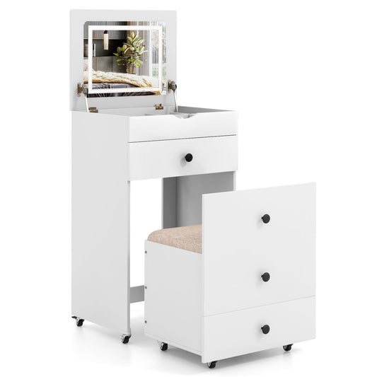 3-in-1 Vanity Set with Cushioned Stool and Flip-up Mirror, White