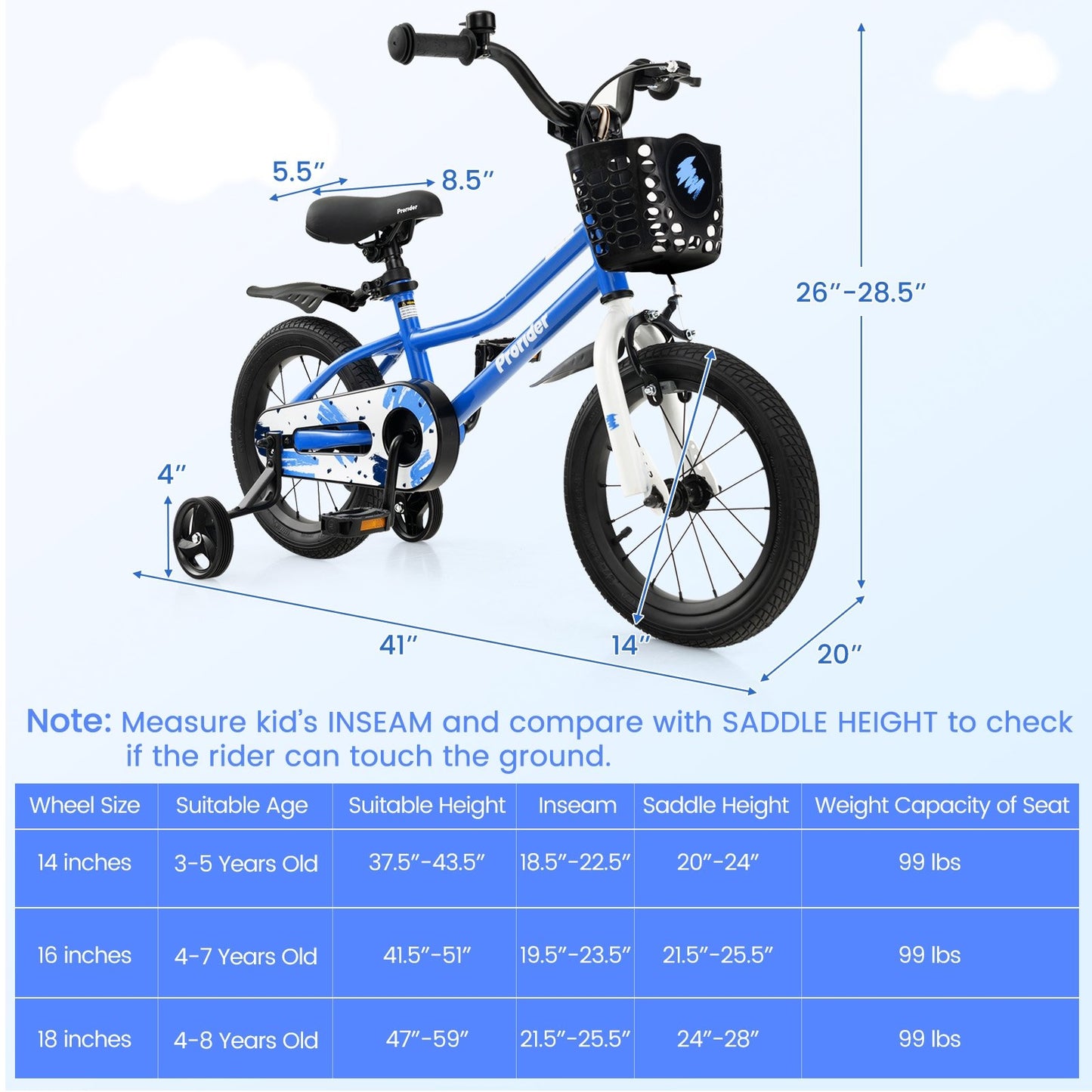 14 Inch Kids Bike with 2 Training Wheels for 3-5 Years Old, Blue