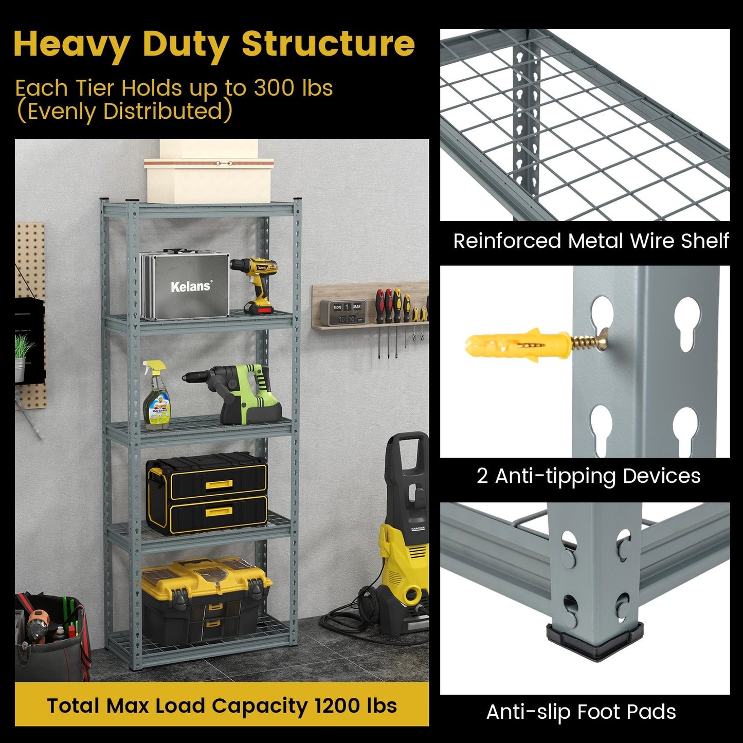 5-Tier Heavy Duty Wire Storage Racks with Anti-slip Foot Pad, Gray