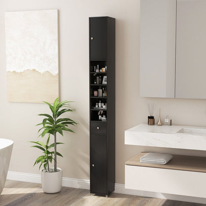 Freestanding Slim Bathroom Cabinet with Drawer and Adjustable Shelves, Black