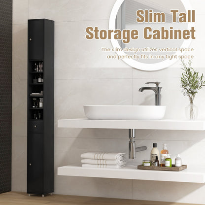 Freestanding Slim Bathroom Cabinet with Drawer and Adjustable Shelves, Black