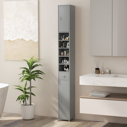 Freestanding Slim Bathroom Cabinet with Drawer and Adjustable Shelves, Gray