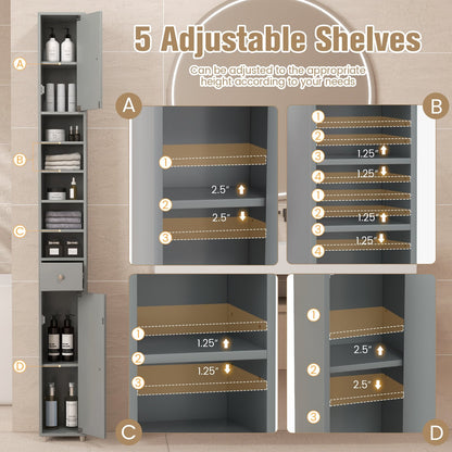 Freestanding Slim Bathroom Cabinet with Drawer and Adjustable Shelves, Gray