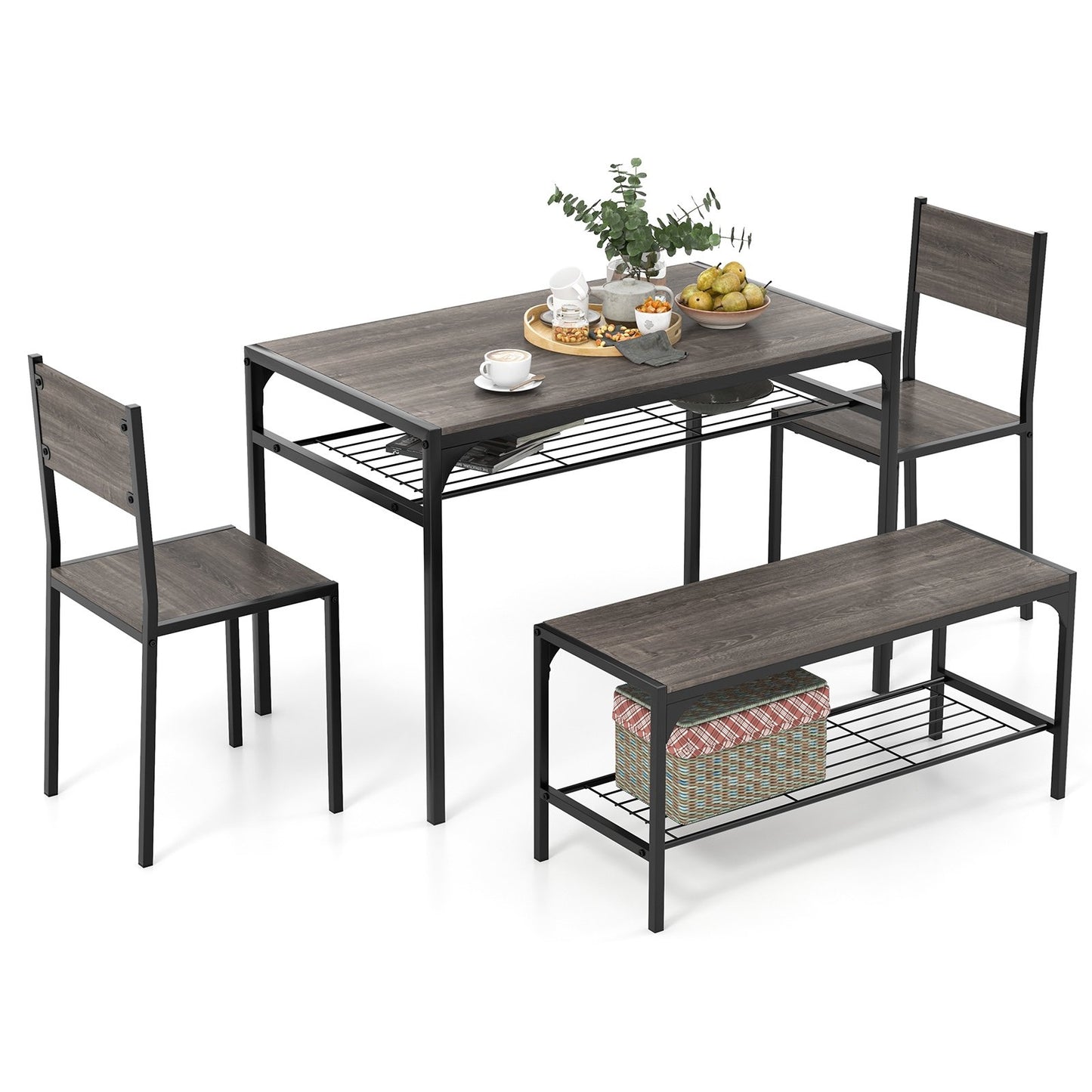 Industrial Style Rectangular Kitchen Table with Bench and Chairs, Gray