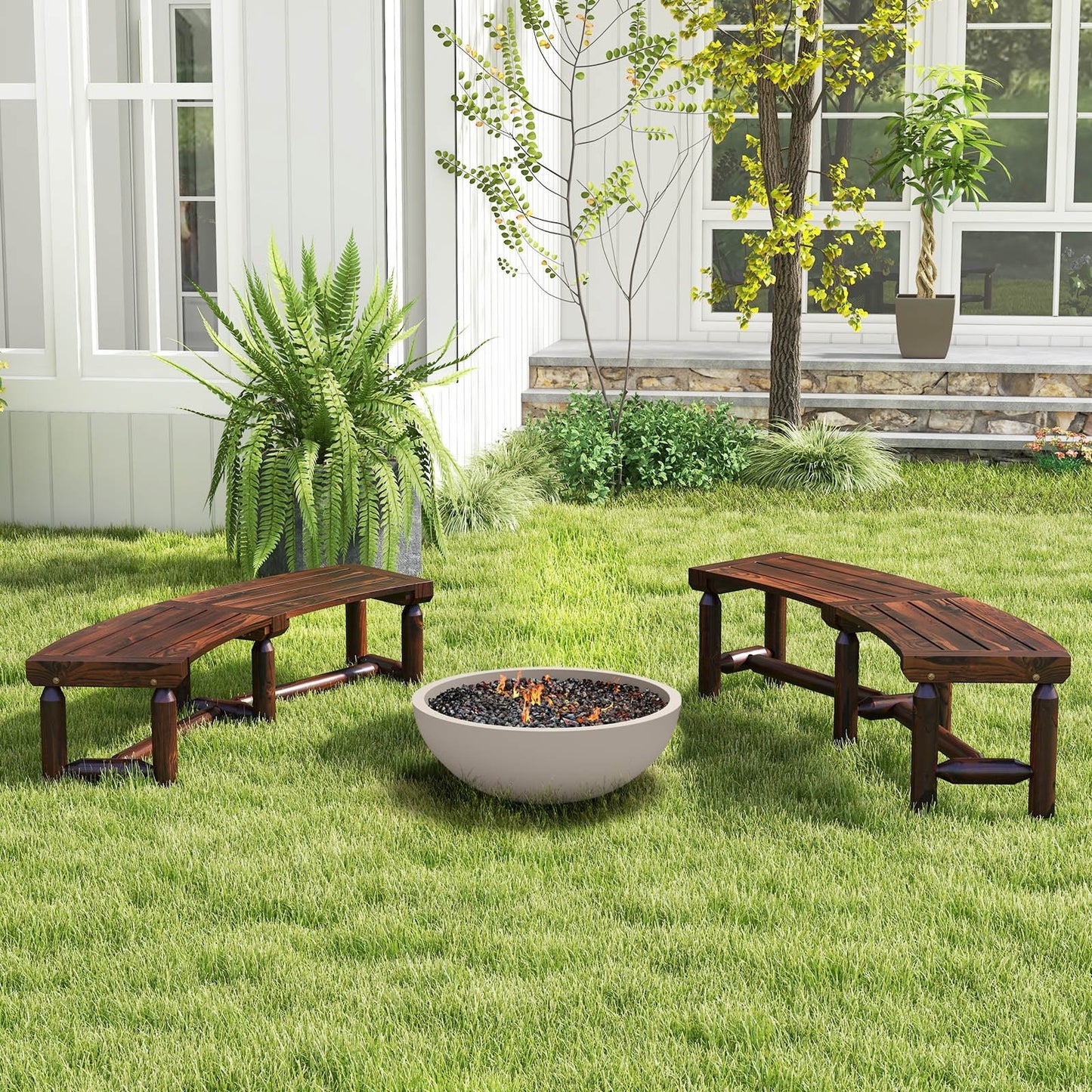 Patio Curved Bench for Round Table Spacious and Slatted Seat, Rustic Brown