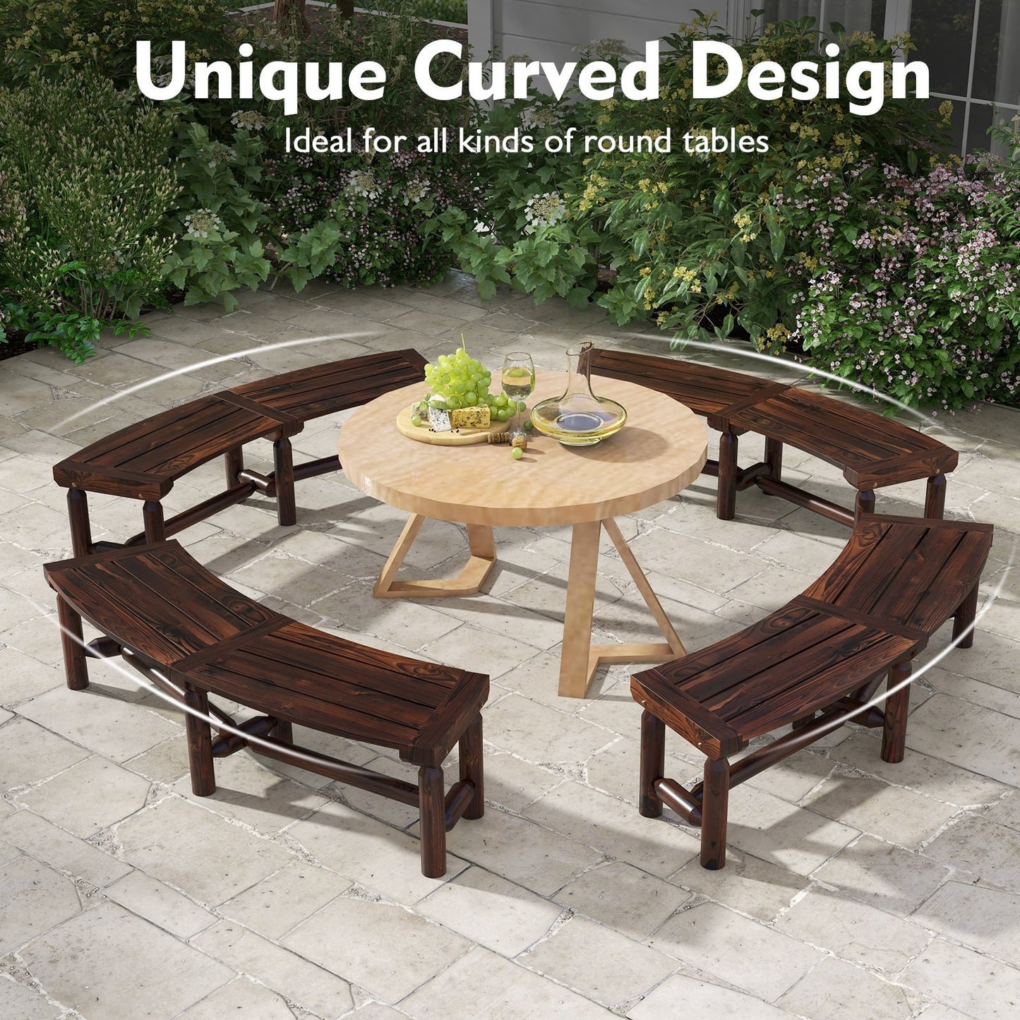 Patio Curved Bench for Round Table Spacious and Slatted Seat, Rustic Brown
