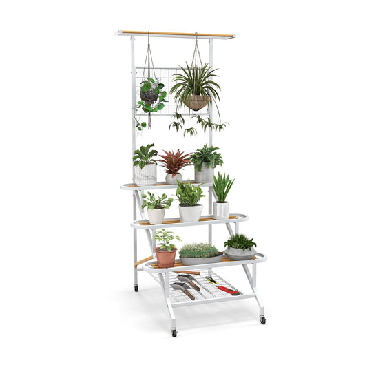 4-Tier Hanging Plant Stand with Hanging Bar, White