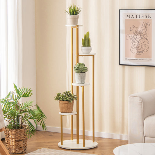 Indoor Metal Plant Stand, Corner Shelf, Golden Frame, White
