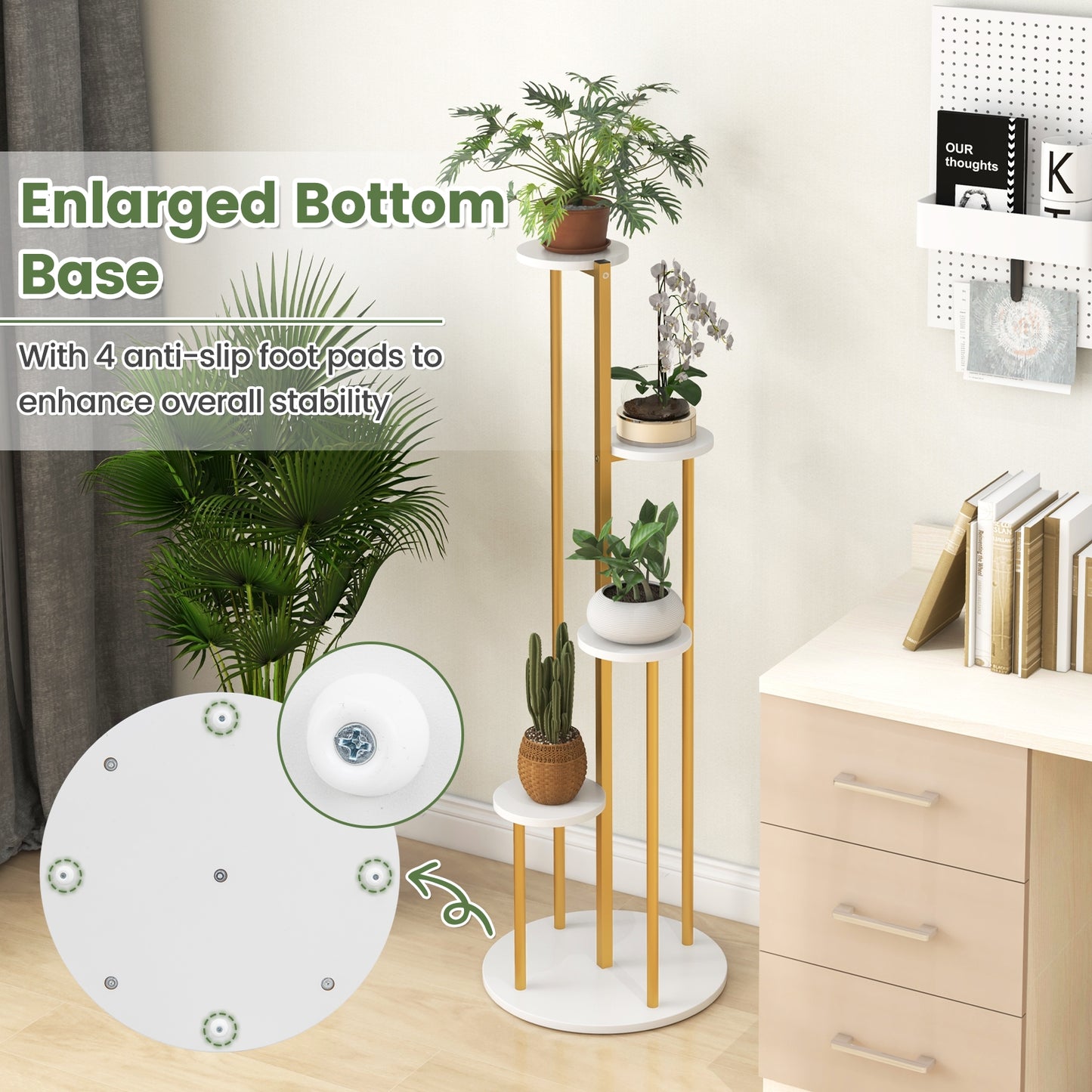Indoor Metal Plant Stand, Corner Shelf, Golden Frame, White Plant Stands at Gallery Canada