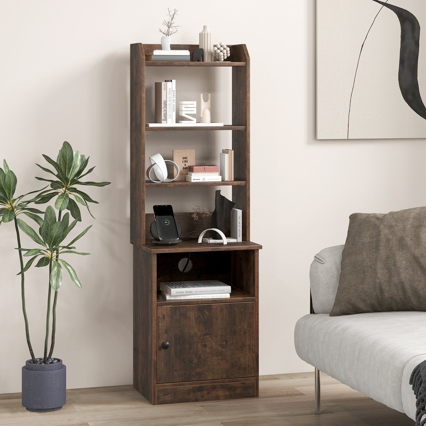 Bedside Tables Tall Nightstands with 5 Open Shelf and Cabinet, Rustic Brown Bookcases at Gallery Canada