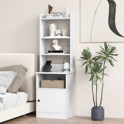 Bedside Tables Tall Nightstands with 5 Open Shelf and Cabinet, White