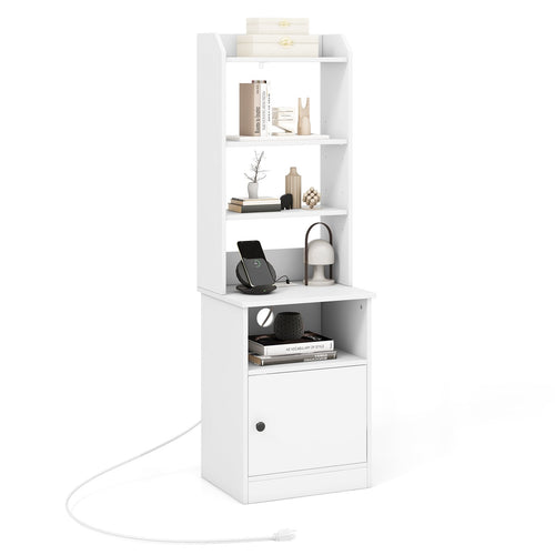 Bedside Tables Tall Nightstands with 5 Open Shelf and Cabinet, White