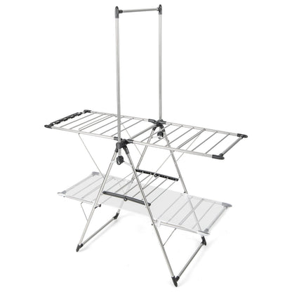 Large Foldable Clothes Drying Rack with Tall Hanging Bar, Silver