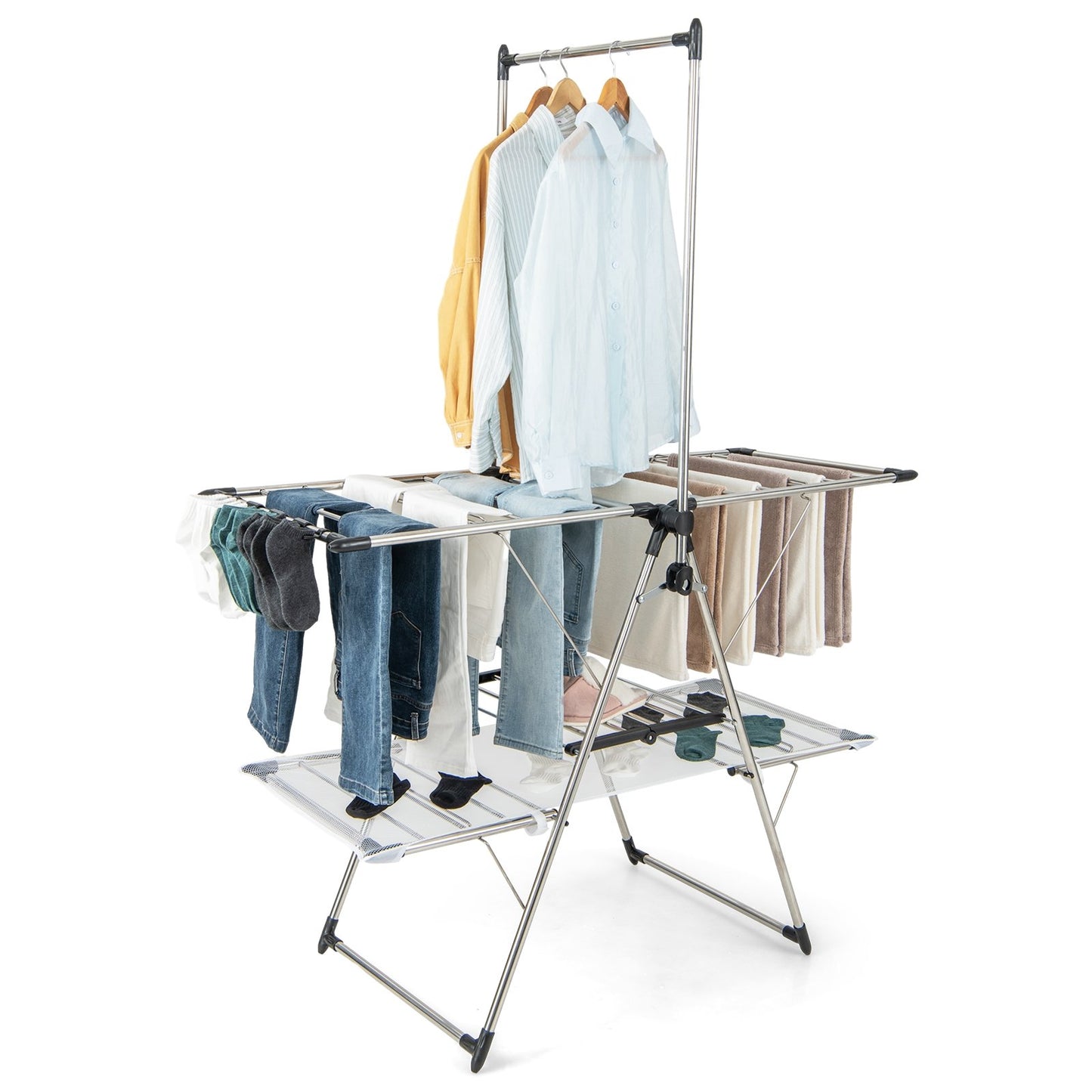 Large Foldable Clothes Drying Rack with Tall Hanging Bar, Silver