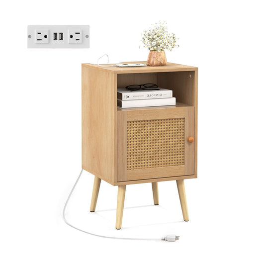 Rattan Nightstand with Charging Station Bedside Table with USB Ports and PE Rattan Door, Natural