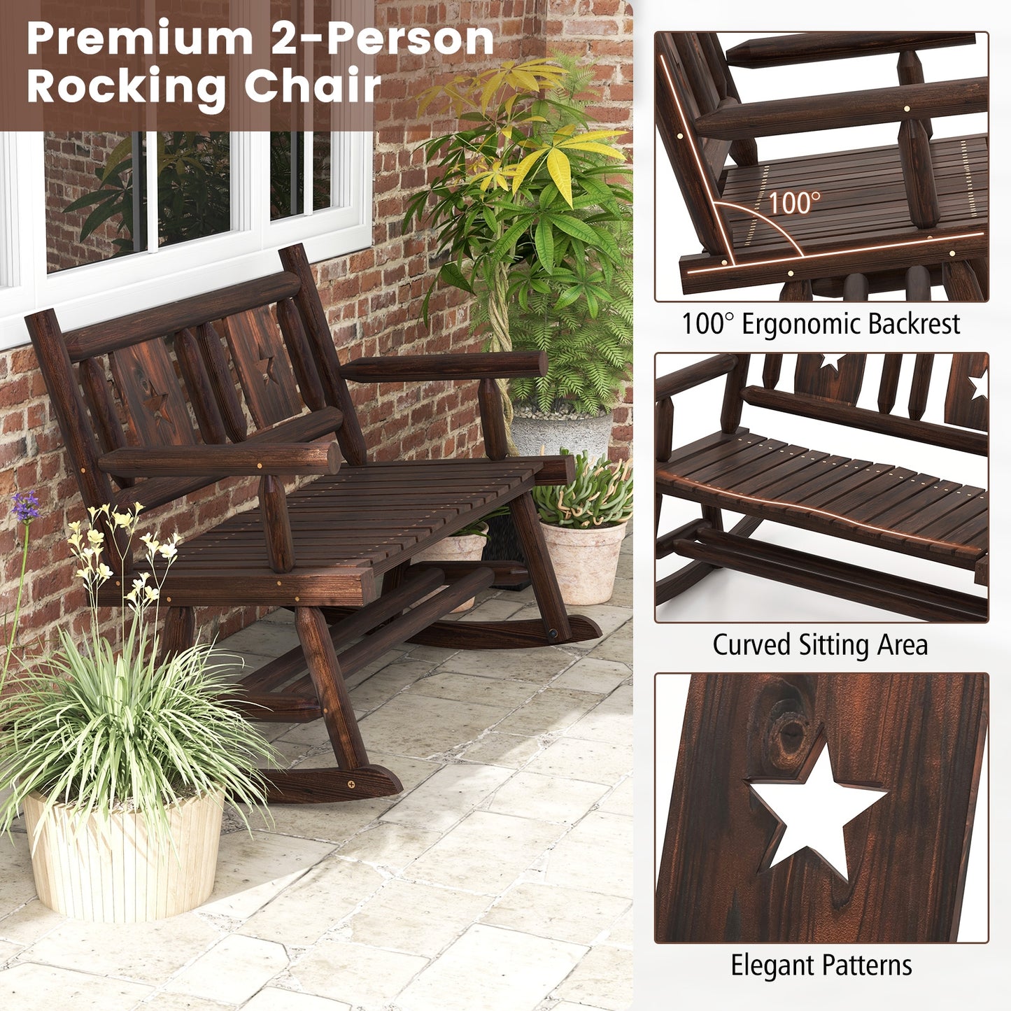 Patio Rocking Bench Double Rocker Chair with Ergonomic Seat 2-Person Loveseat, Rustic Brown Patio Rocking Chairs & Gliders at Gallery Canada