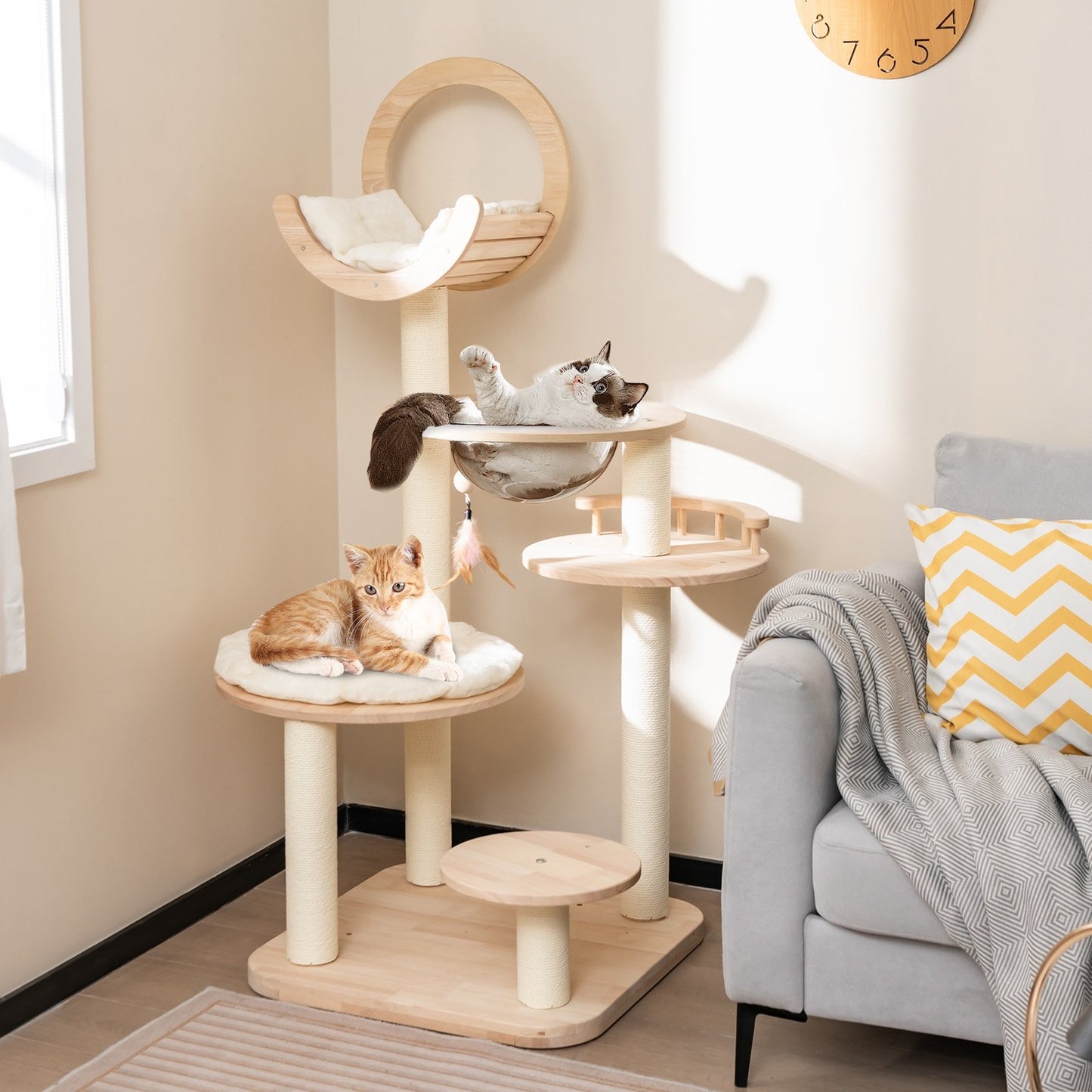 4-in-1 Large Wooden Cat Tower with Space Capsule Nest for Indoor Cats, Beige