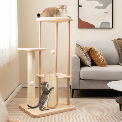 Wooden Multi-level Modern Cat Tower with Scratching Board and Post-44 inches, Beige