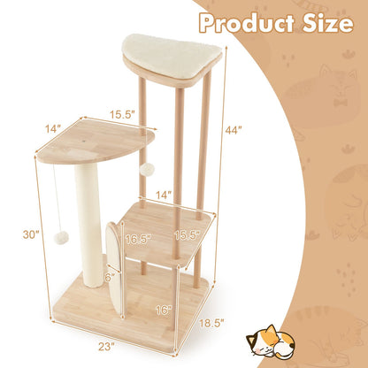 Wooden Multi-level Modern Cat Tower with Scratching Board and Post-44 inches, Beige