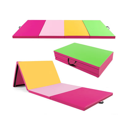 4-Panel PU Leather Folding Exercise Mat with Carrying Handles, Green