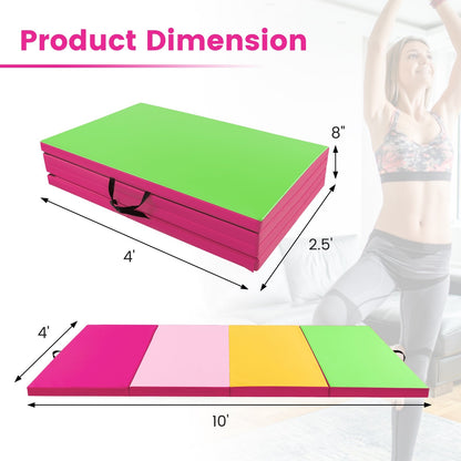 4-Panel PU Leather Folding Exercise Mat with Carrying Handles, Green