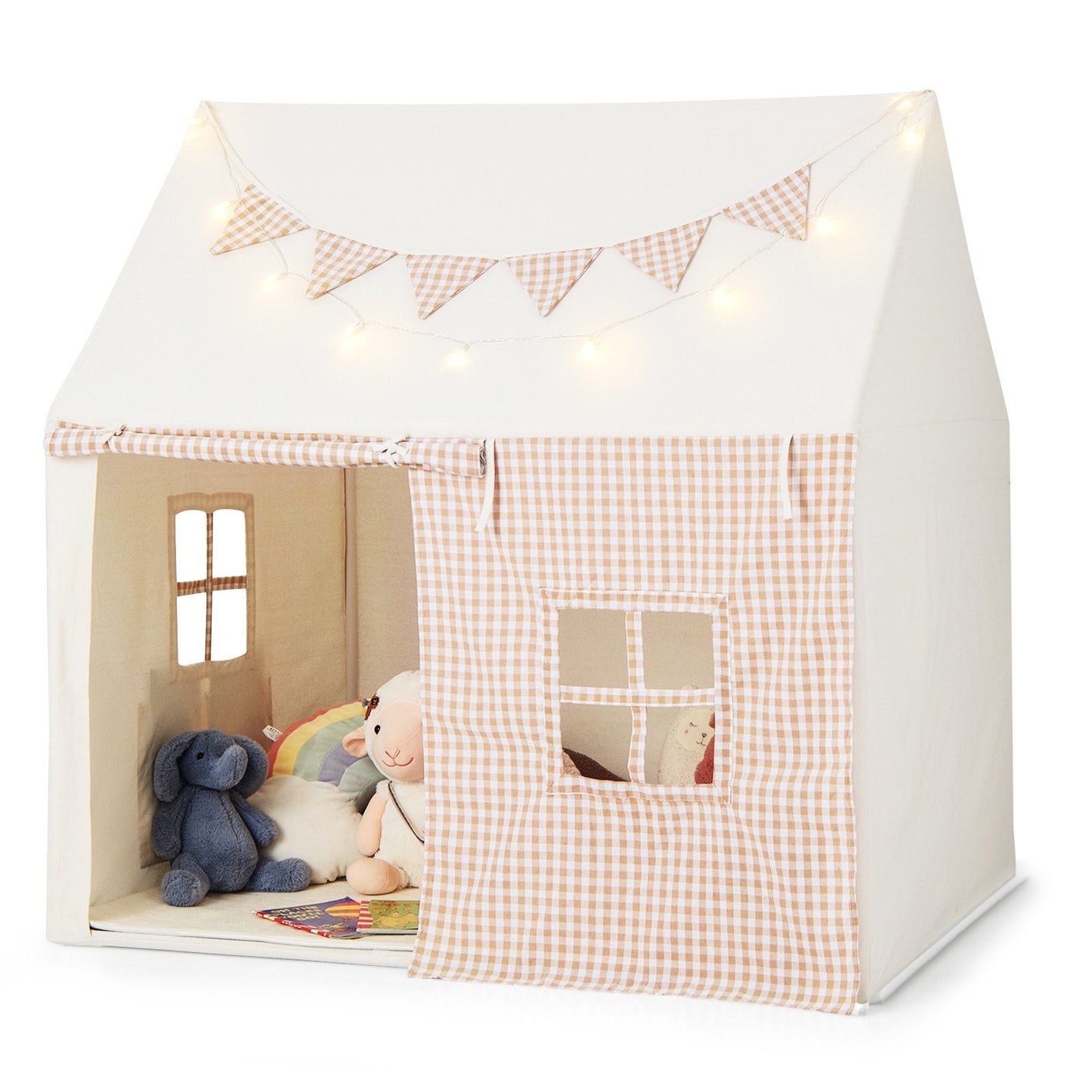 Kids Play Tent Large Playhouse with Padded Mat and 2 Breathable Windows, Beige