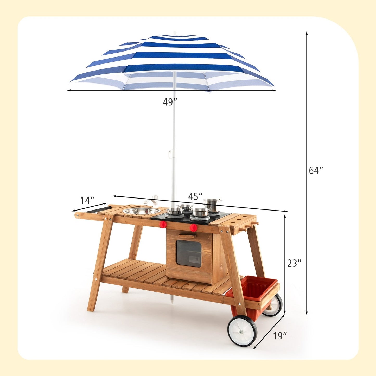 Wooden Play Cart with Sun Proof Umbrella for Toddlers Over 3 Years Old, Blue