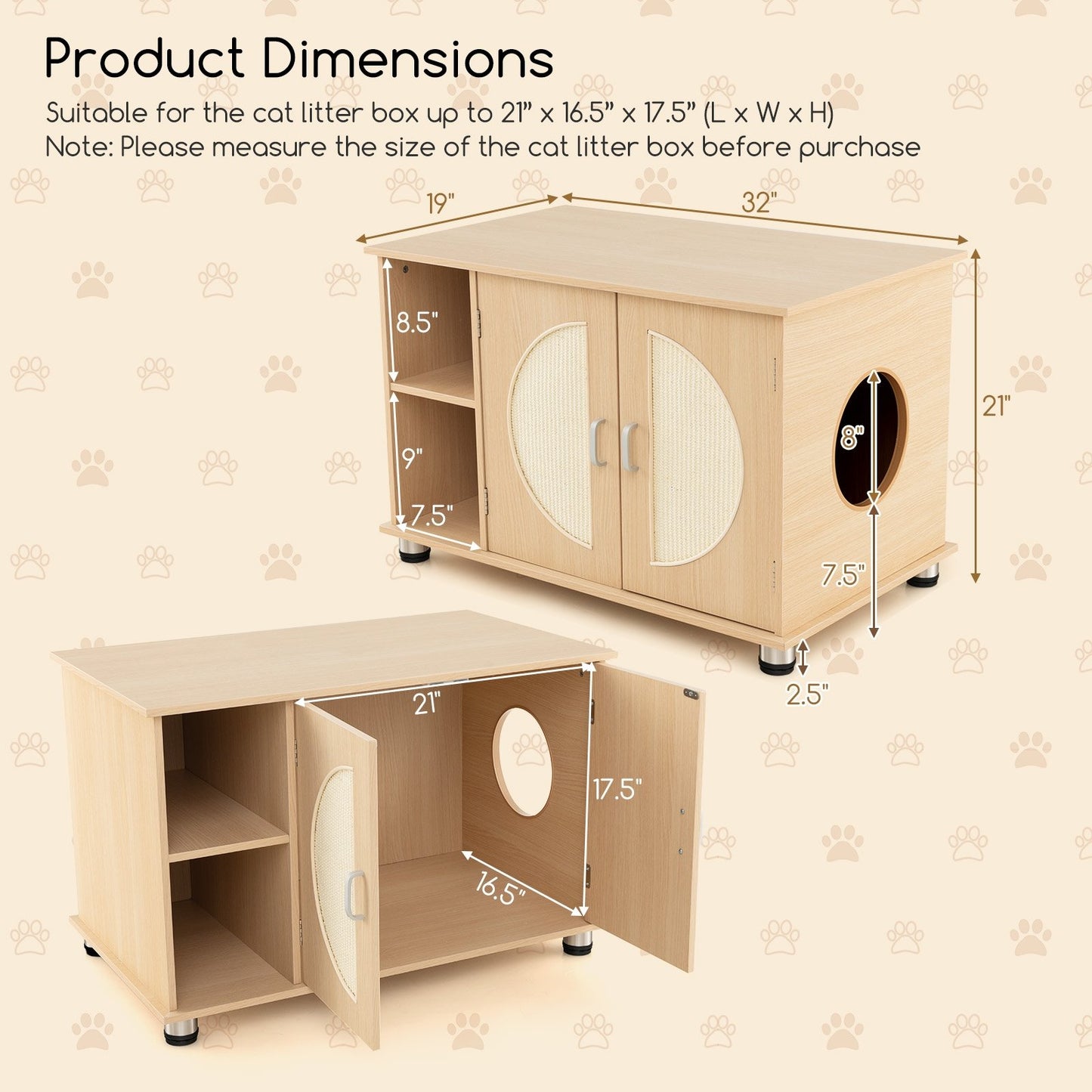 Cat Litter Box Enclosure with Sisal Scratching Doors and Adjustable Metal Feet, Natural